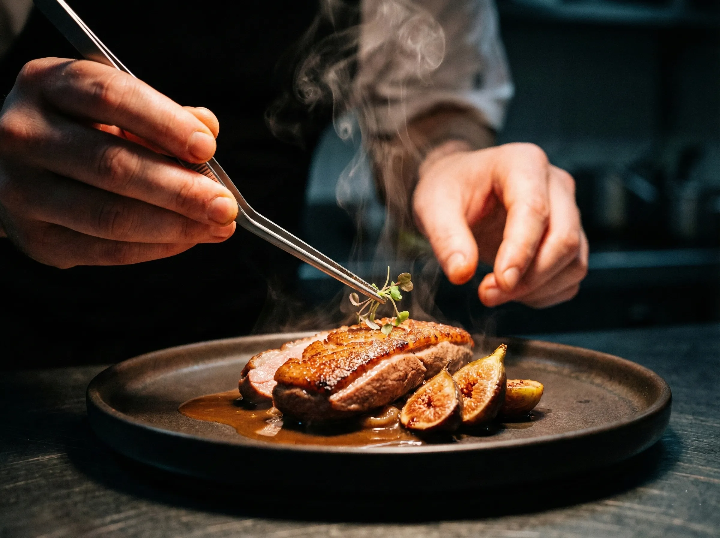 Chef en cuisine dressant un plat